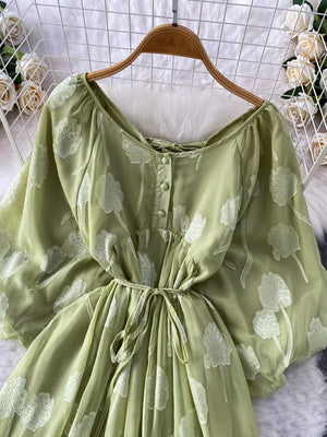 Green chiffon maxi dress with floral embroidery, button front, and tie waist.