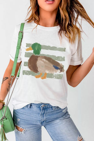 White cotton t-shirt with artistic mallard duck graphic and brushstroke stripes.