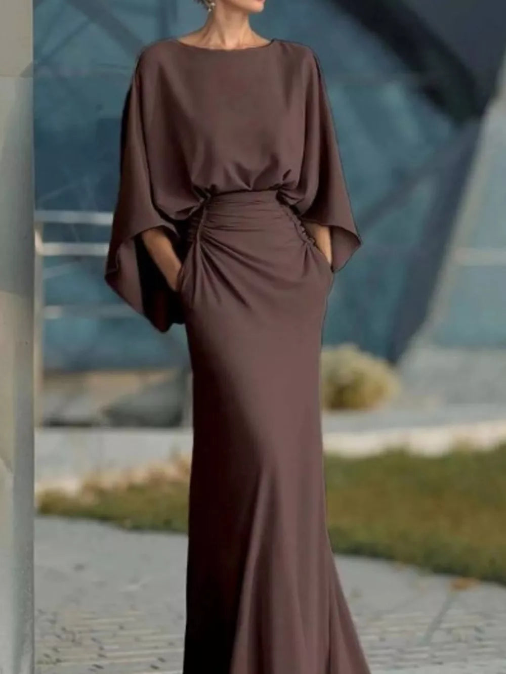 Brown batwing sleeve maxi dress with ruched waist detail and pockets