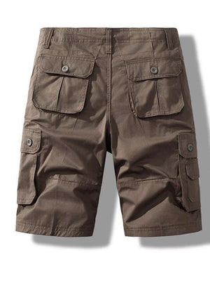 Men's brown cargo shorts with multiple button-flap pockets.
