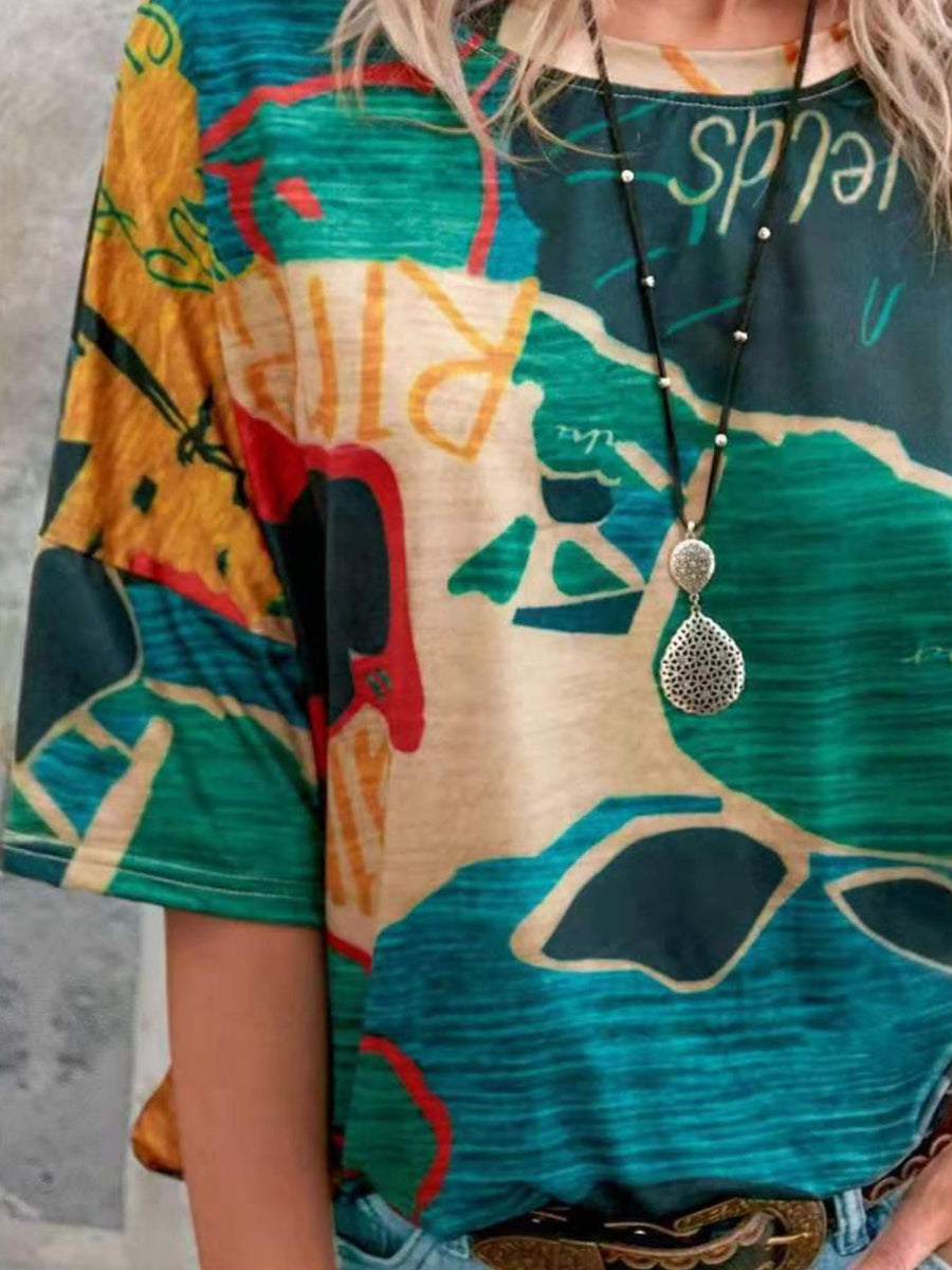 Brushstroke Stripe Casual T-Shirt with abstract geometric print in yellow, green, blue, and red.