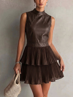 Army Green mini dress with pleated and sleeveless