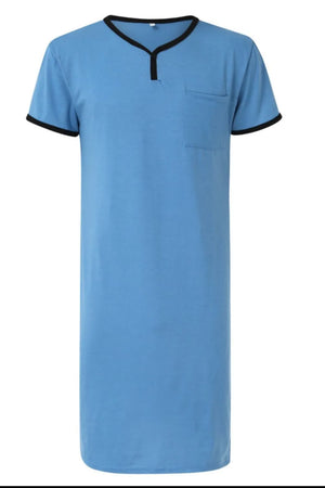 Blue sleep shirt dress with contrast trim neckline, sleeves, and pocket
