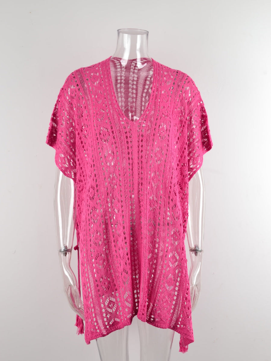 Hot Pink open-knit V-neck beach cover-up with short sleeves and tassel trim.