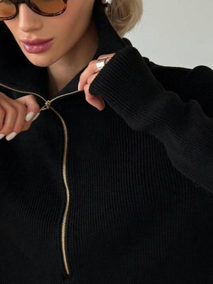 Ribbed Knit Quarter-Zip Sweater in Black with zipper