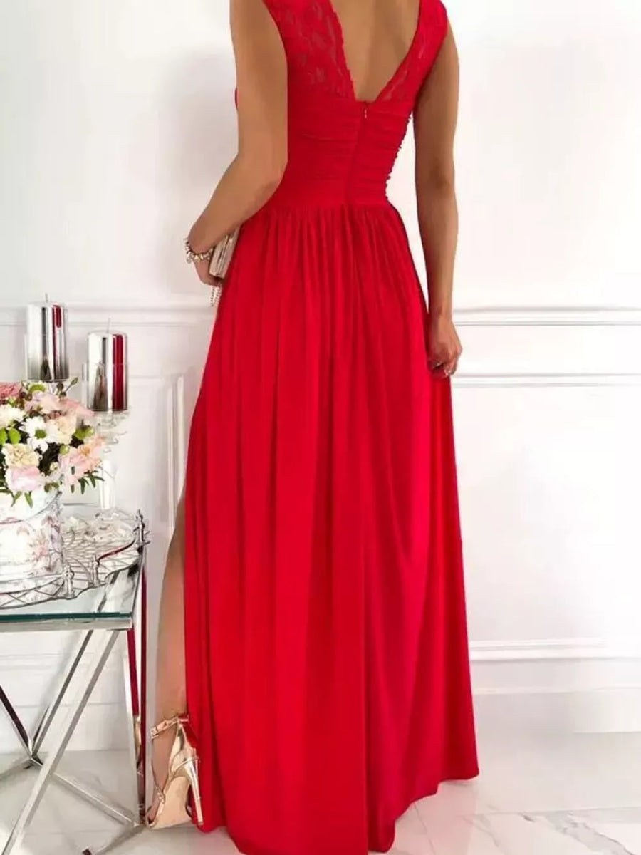 Scarlet maxi dress with lace accents and high slit, V-neck, sleeveless