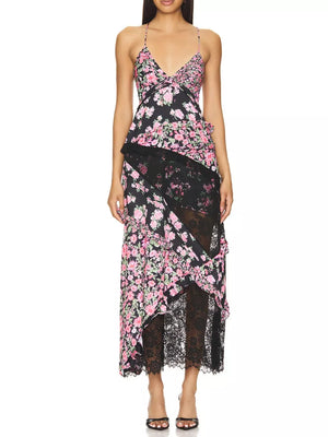 Floral lace maxi dress with ruffles and a pink floral print on black.