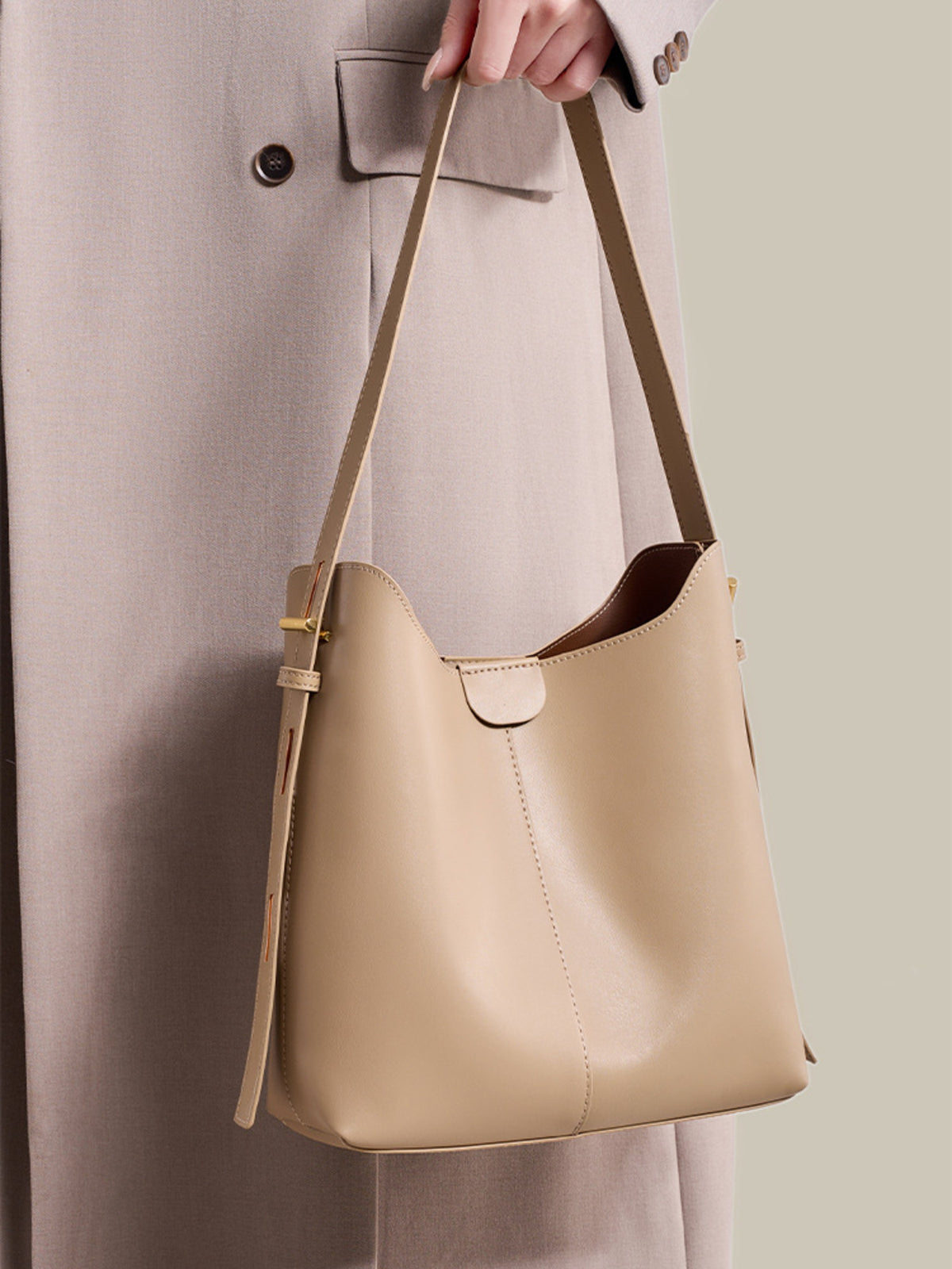 PU Leather Imported Size &amp handbag in Apricot with soft structured silhouette
