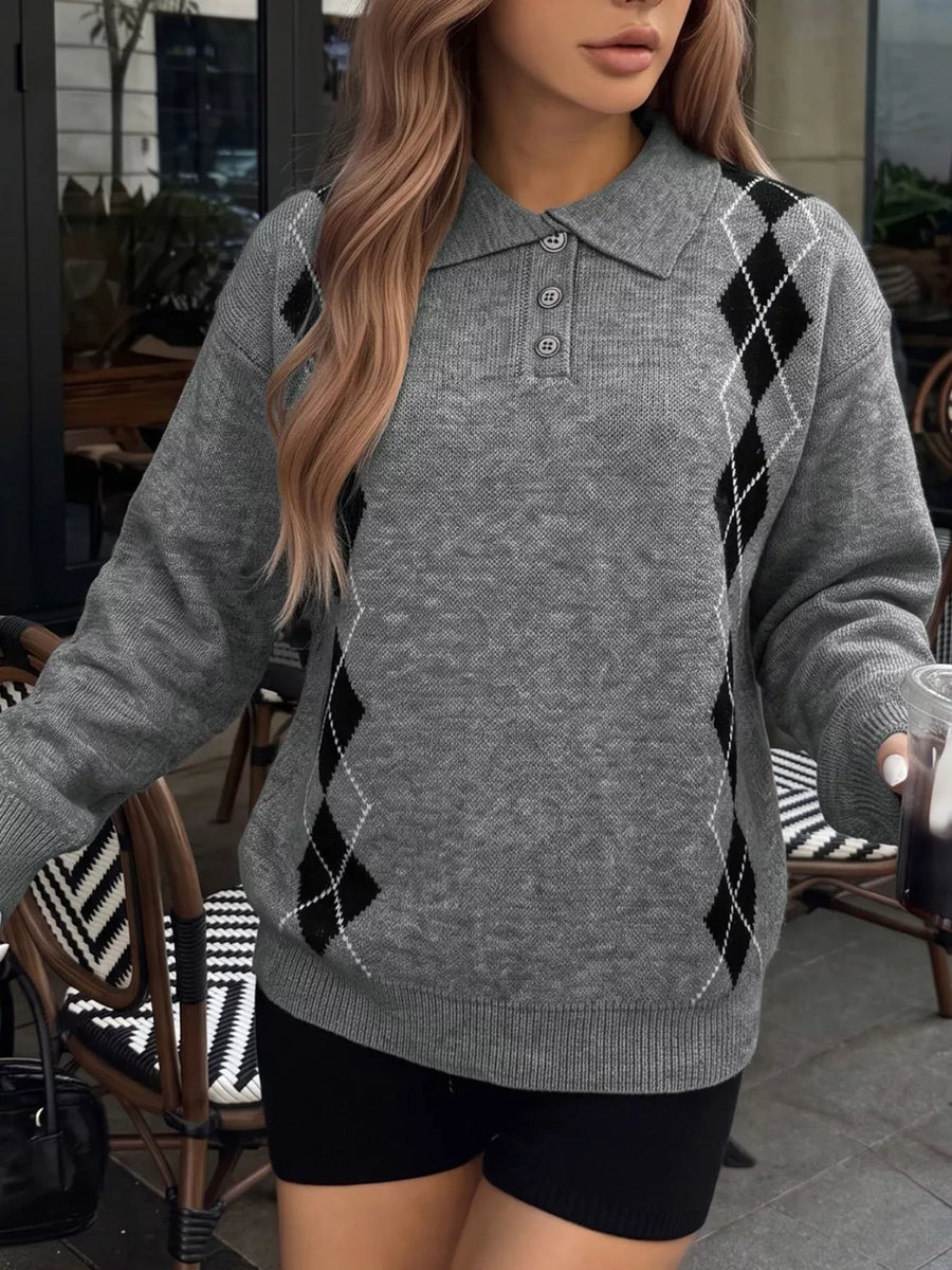 Dark Gray with Argyle Patterned Polo Collar Sweater in Dark Gray