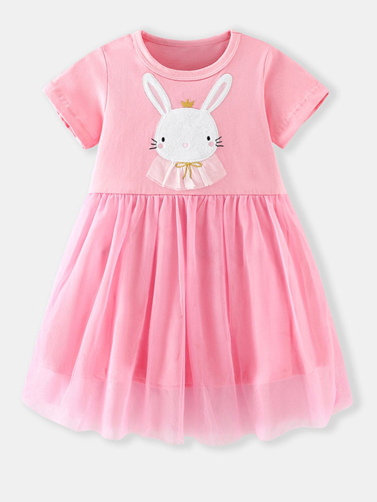Pink toddler tulle dress with bunny applique and crown detail.