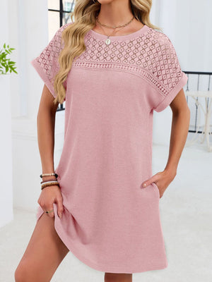 Blush pink t-shirt dress with sheer lace yoke and short sleeves.