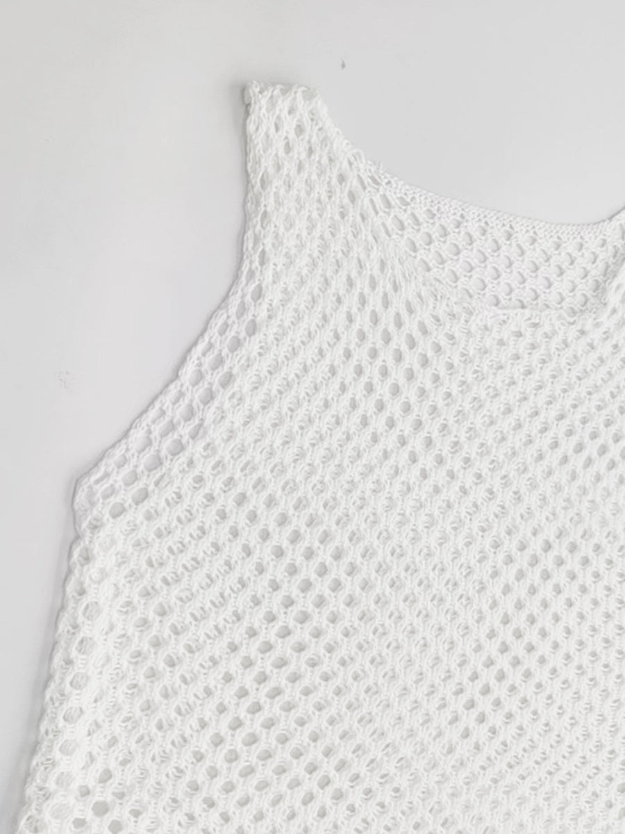 White open-knit beach cover-up dress with a wide neckline and sleeveless design.