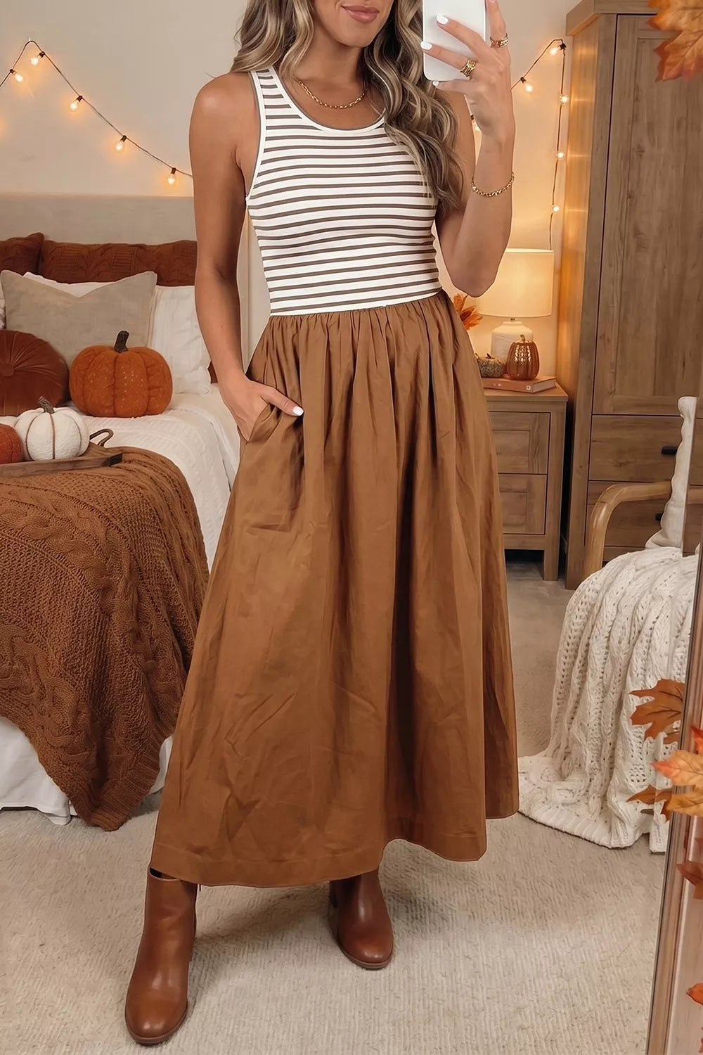 ivory maxi dress with color-block and round neck