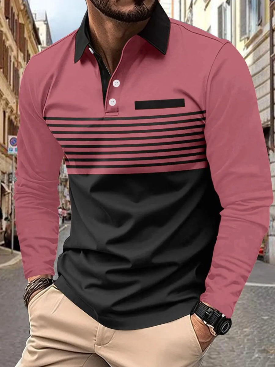 Long sleeve color blocked polo with black stripes and pocket detail in Dusty Pink and Black.