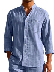 Sky blue linen-blend striped button-up shirt with band collar and chest pocket.