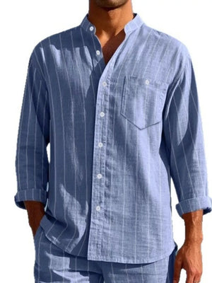Sky blue linen-blend striped button-up shirt with band collar and chest pocket.