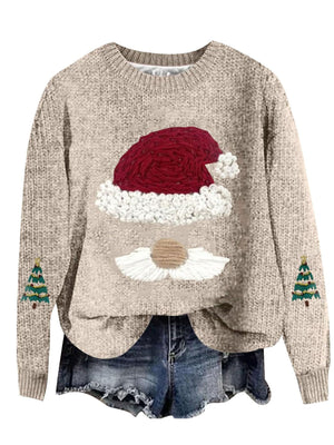 oatmeal pullover sweater with graphic print and crew neck