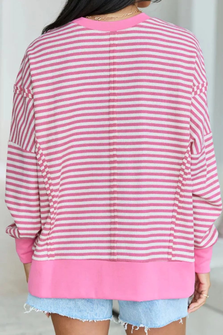 Blush Pink with Stripe Textured Knit Color Block Long Sleeve Top
