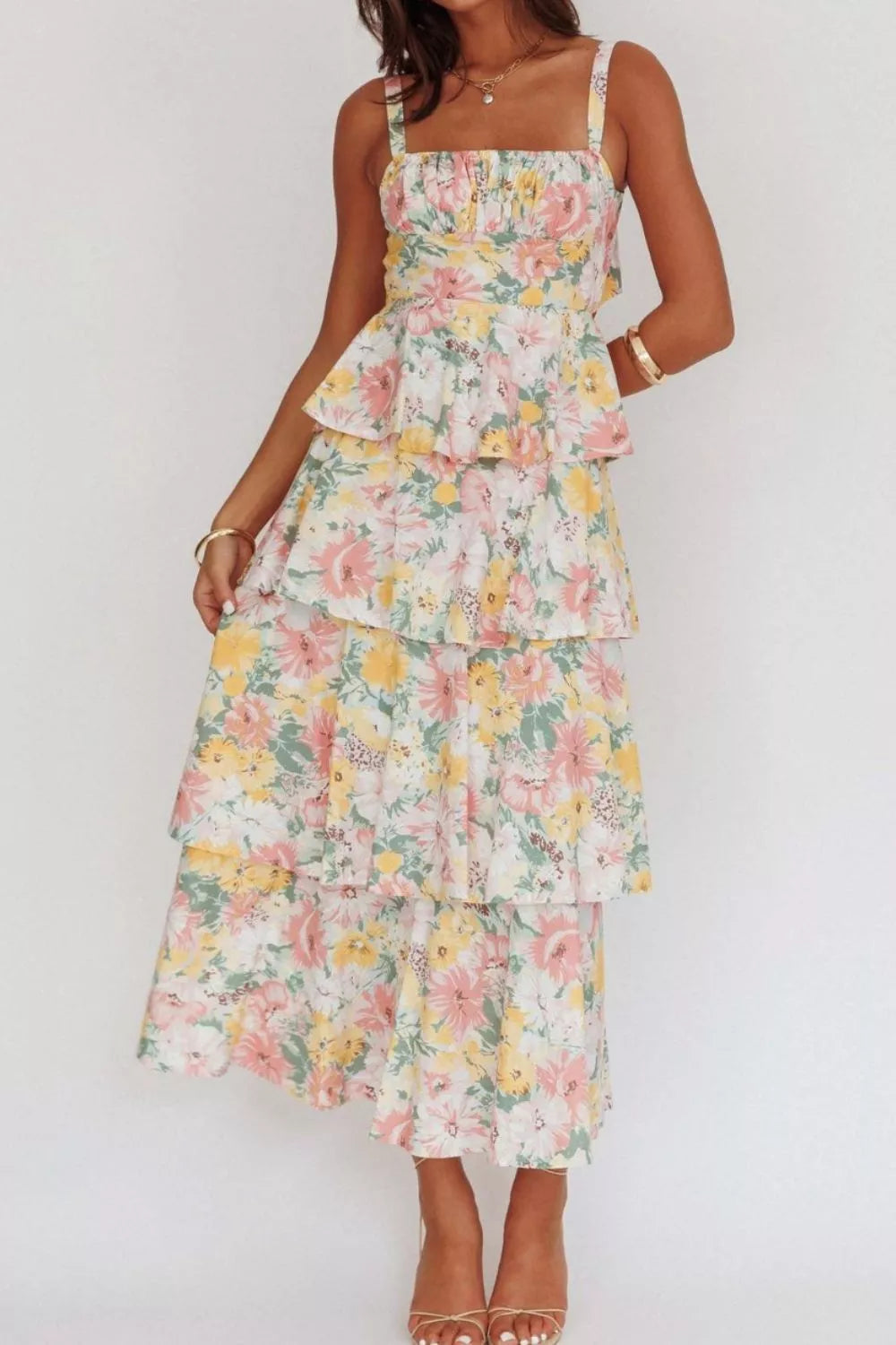 Tiered floral midi dress with square neckline and ruffled tiers
