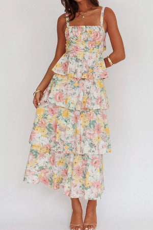 Tiered floral midi dress with square neckline and ruffled tiers