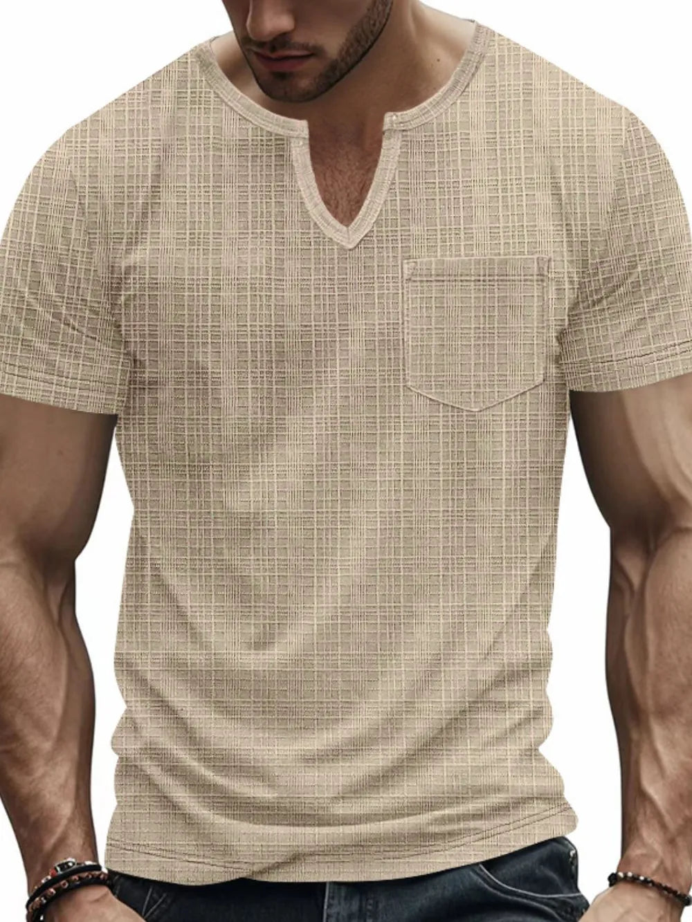 Textured notch neck tee in Khaki with a chest pocket and short sleeves.