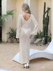 Chic openwork maxi cover-up dress in white with long bell sleeves and a V-neck.