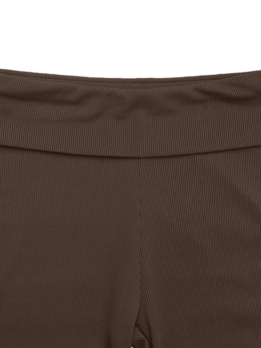 Chocolate ribbed off-shoulder flare co-ord set detail showing wide waistband