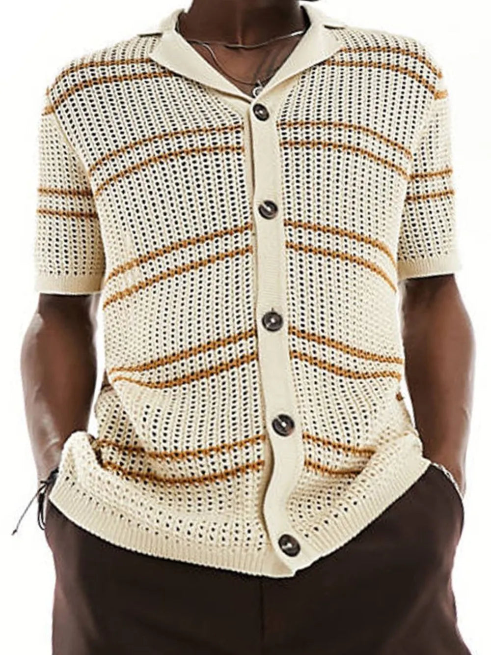 Open-knit striped polo shirt in khaki with short sleeves and a button-up front.