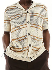 Open-knit striped polo shirt in khaki with short sleeves and a button-up front.