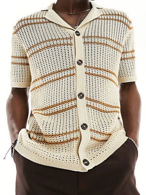 Open-knit striped polo shirt in khaki with short sleeves and a button-up front.