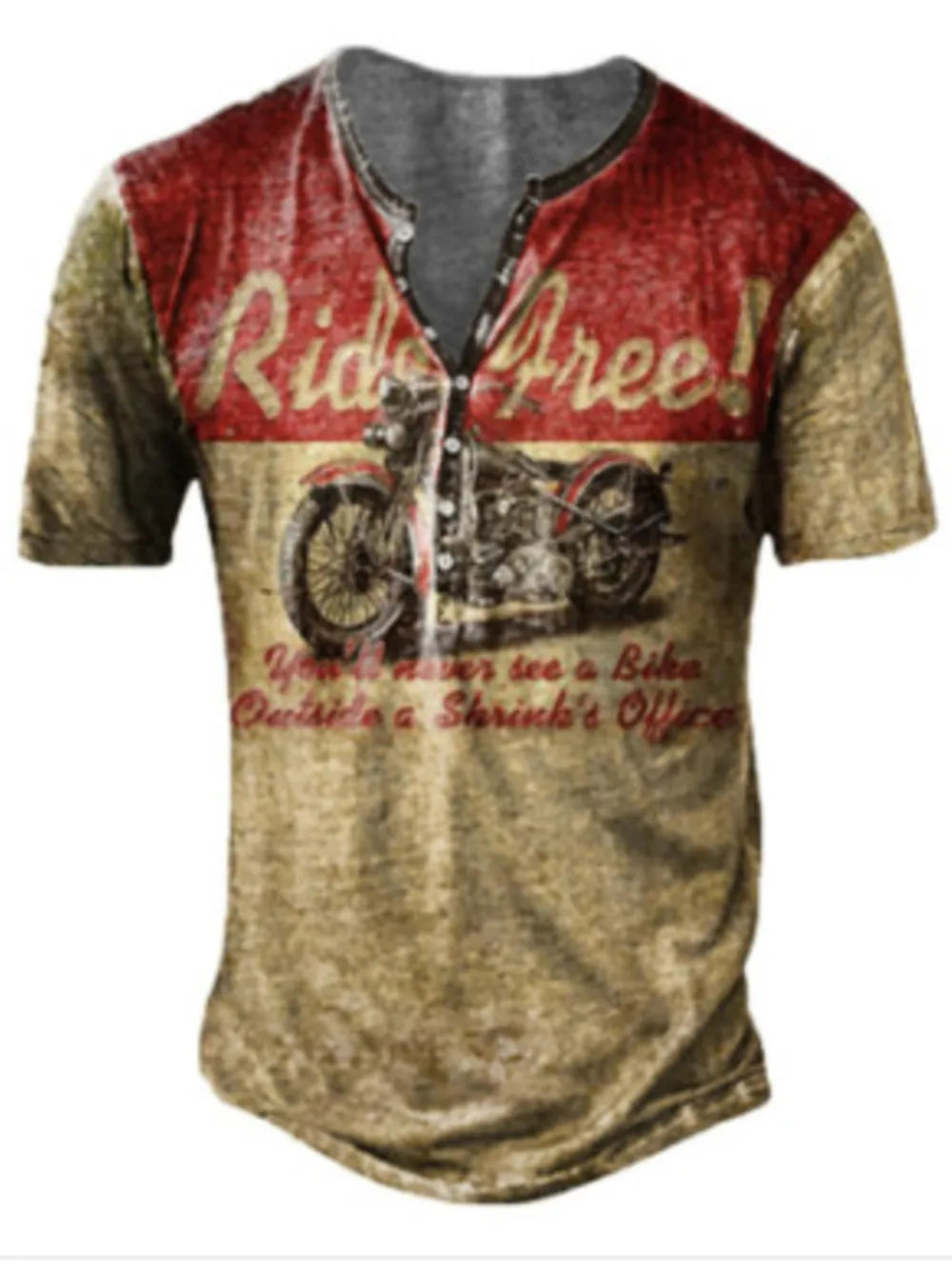 Buttoned henley t-shirt with motorcycle graphic and distressed texture.