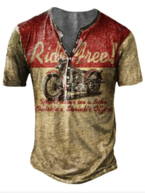 Buttoned henley t-shirt with motorcycle graphic and distressed texture.