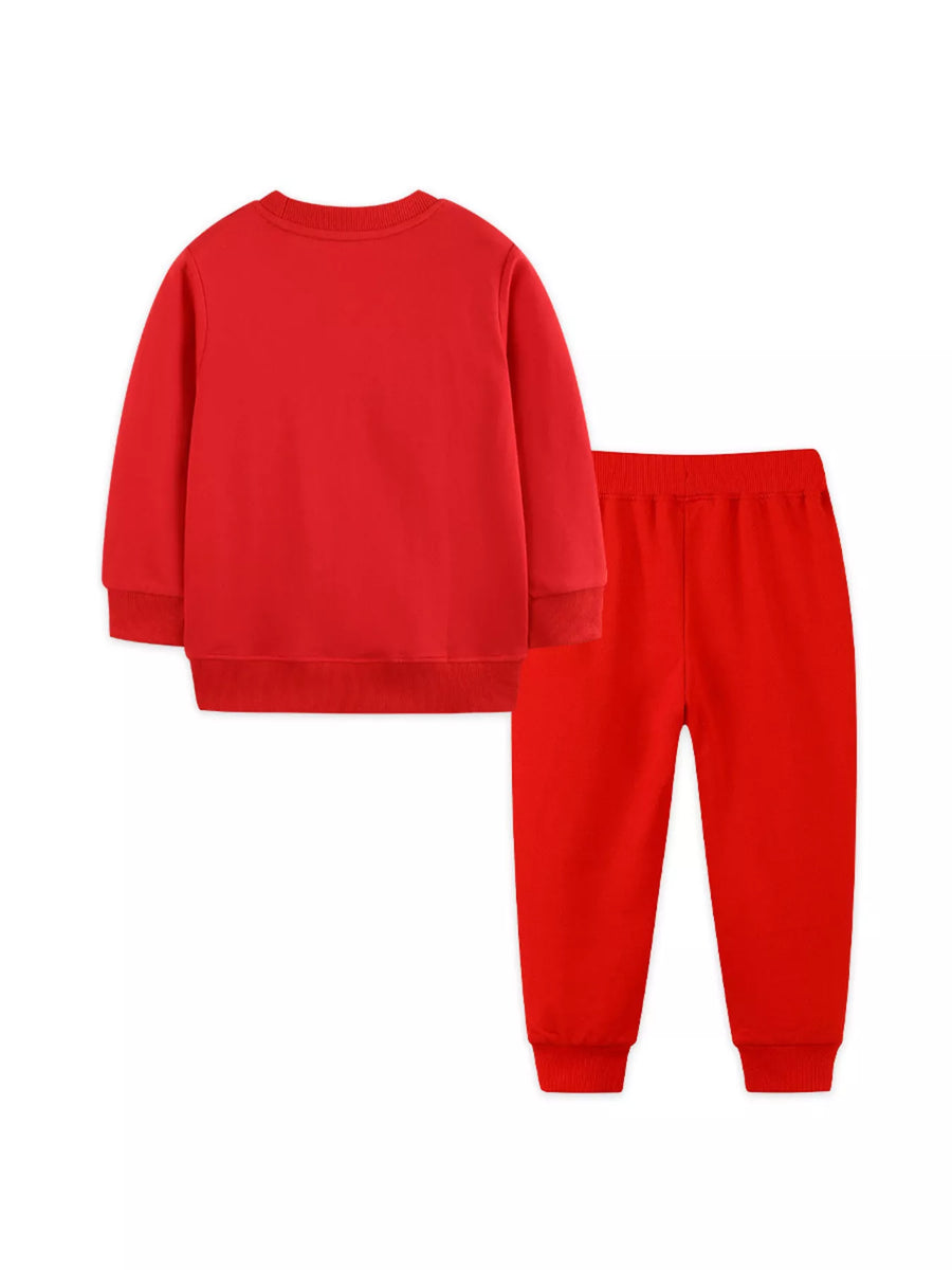 Red baby outfit set with crewneck sweatshirt and elastic waist pants.