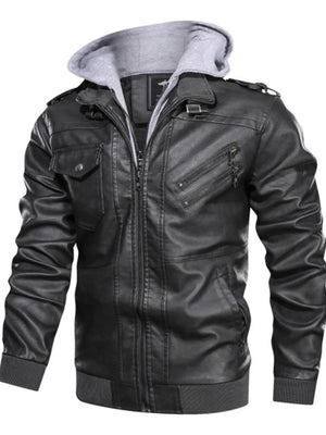 Black hooded leather jacket with zippered pockets and snap-button chest pockets.