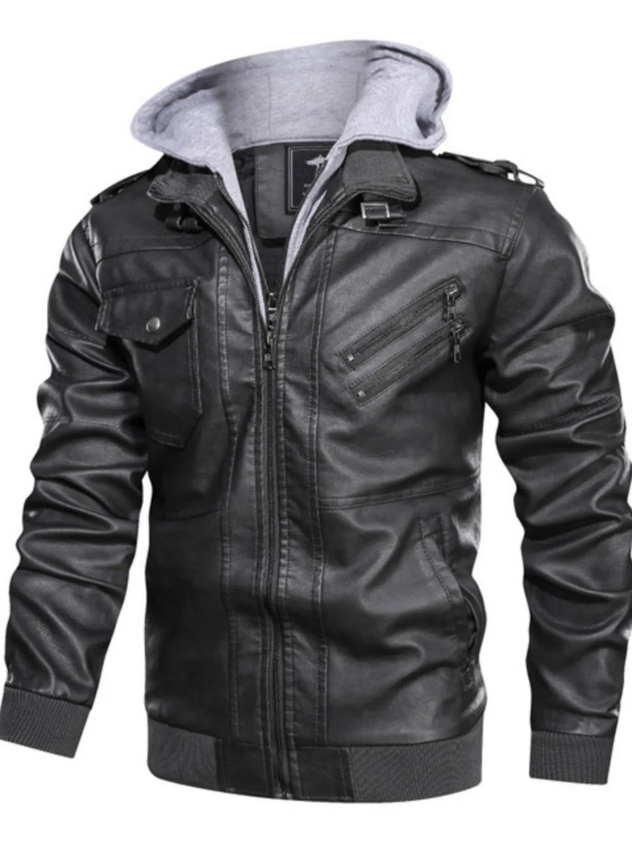 Black hooded leather jacket with zippered pockets and snap-button chest pockets.