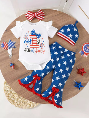 Patriotic baby bodysuit with ruffle sleeves and flare pants set, featuring stars and 4th of July graphic.