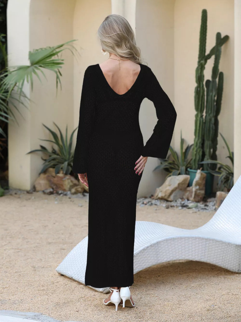 Black openwork maxi cover-up dress with V-neck and long bell sleeves.