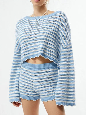 Blue with Scalloped Edges Striped Top And Shorts Set