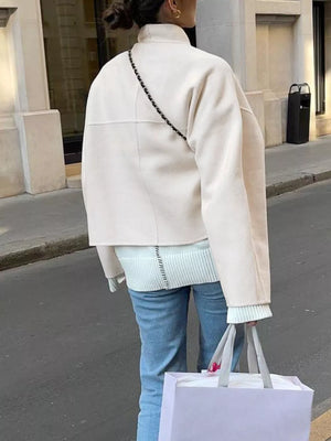 White with Elegant Stand Collar Open Front Outerwear in White