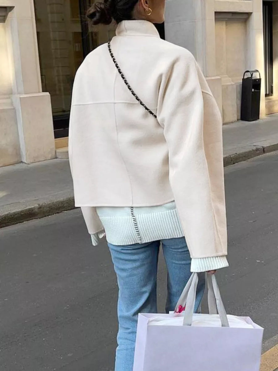 White with Elegant Stand Collar Open Front Outerwear in White
