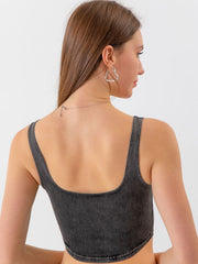 Denim corset crop top in dark gray with scoop neckline and wide straps.