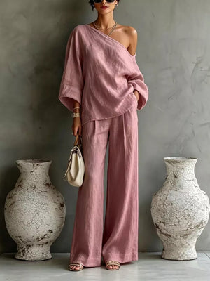 Peacock Blue relaxed two-piece set with one-shoulder