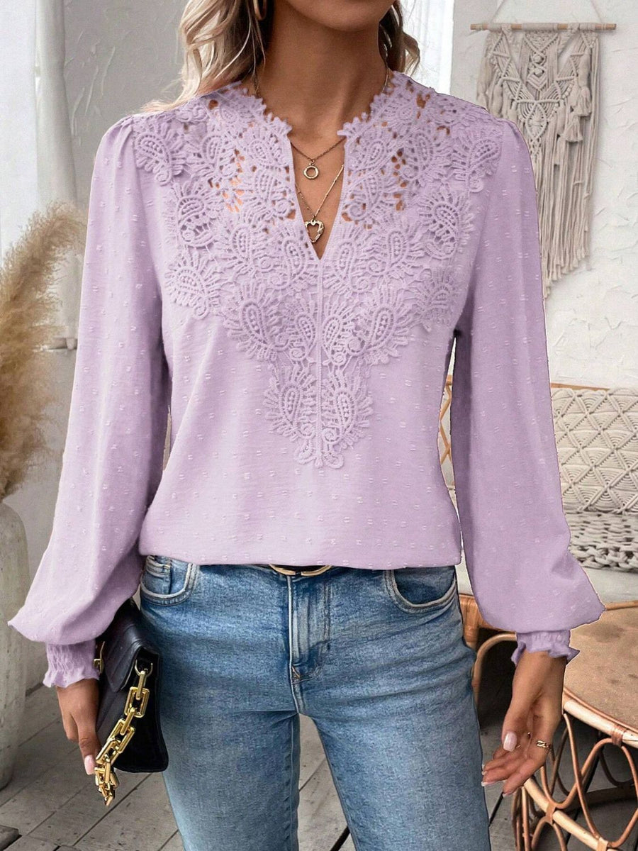 Pink Purple embroidered yoke blouse with puff sleeves and lace detail