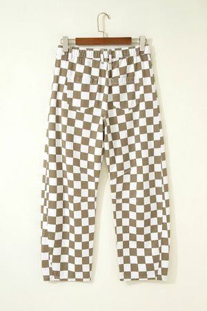 Maternity barrel pants in brown and white checkerboard cotton with a comfortable elastic waist.