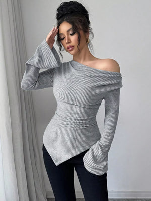 Gray ribbed asymmetrical cowl neck top with flared sleeves
