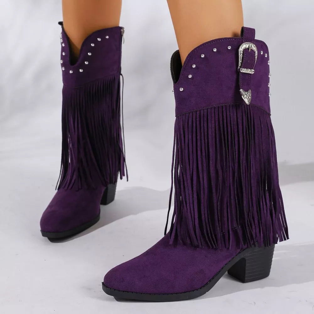 Green boots with mid-calf and side-zip