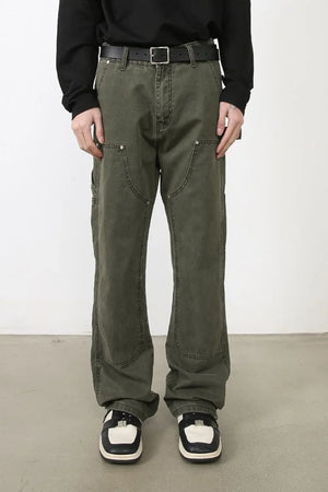 Army green wide-leg jeans with utility pockets and contrast stitching.
