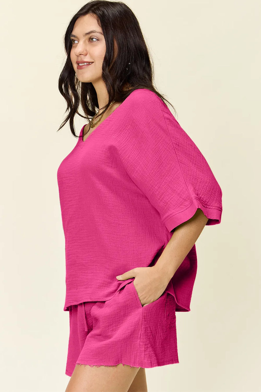 Hot Pink textured cotton half sleeve top and drawstring shorts set with pockets