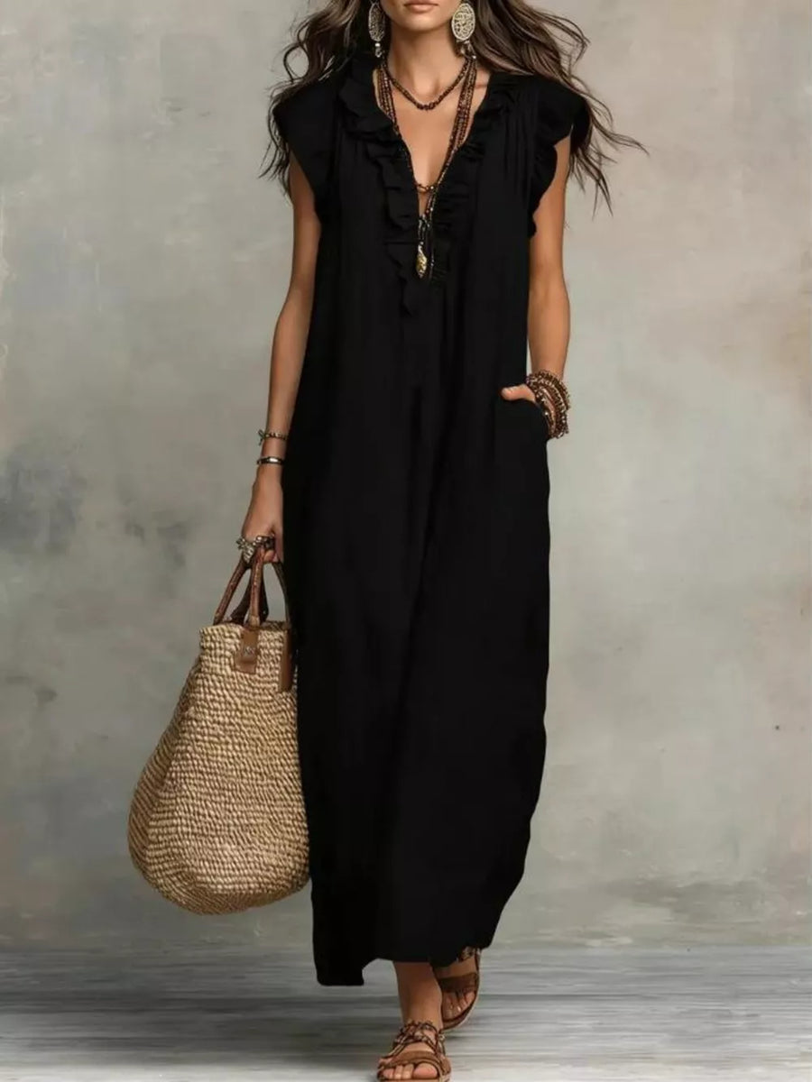 Dark Green Bohemian Ruffle Neck Maxi Dress Plus Size