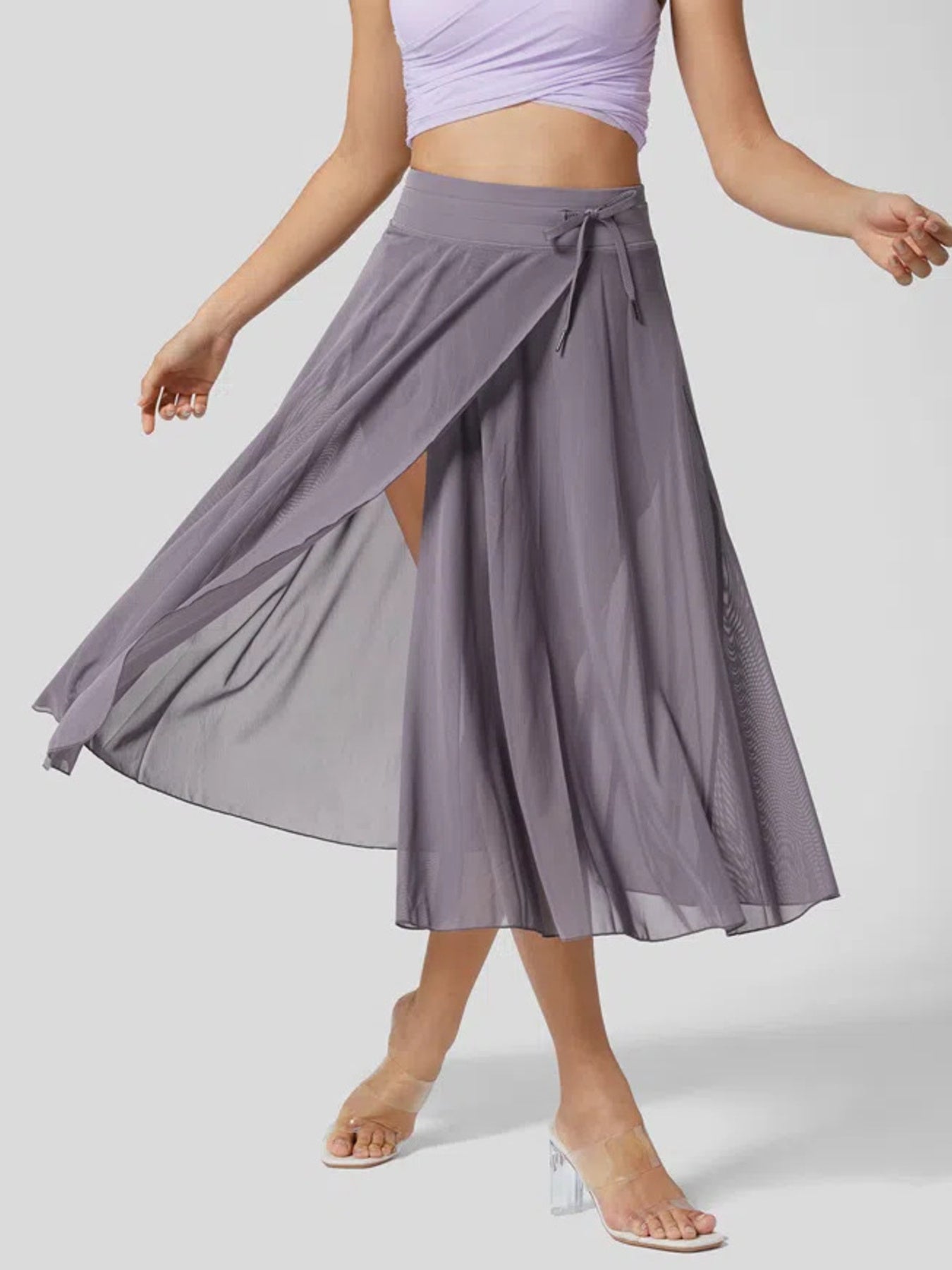Flowy midi skirt in Taro Purple with shorts liner and drawstring waist.